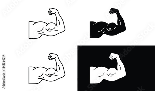 A visual representation displaying four different variations of a strong flexed bicep arm illustration showing contrast and style differences high quality professional detailed