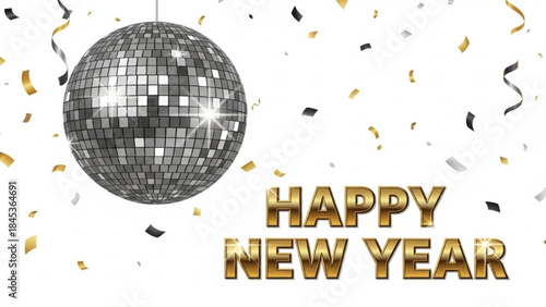 Realistic New Year Disco Ball with Silver Reflections, Confetti, and Happy New Year Gold Text Vector Illustration
