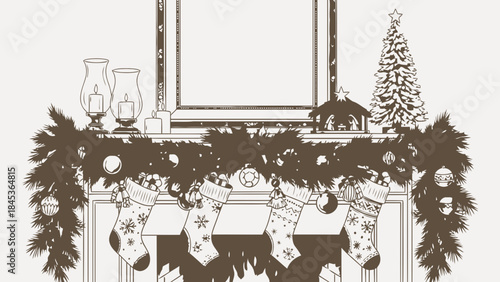 Christmas fireplace with stockings and garland festive holiday decoration vintage line art for seaso