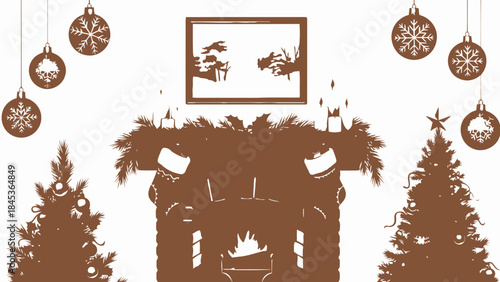 Christmas fireplace with trees and ornaments festive holiday scene vector illustration for greeting 