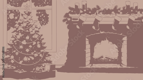 Cozy Christmas scene with decorated tree and fireplace festive holiday illustration for winter seaso