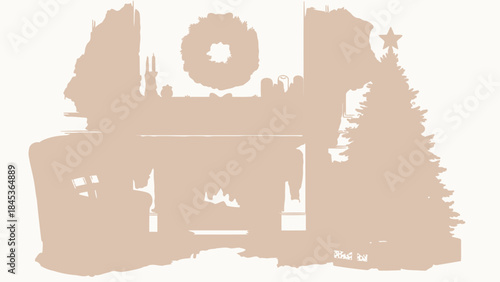 Christmas scene silhouette fireplace with tree and wreath festive holiday concept for winter decorat