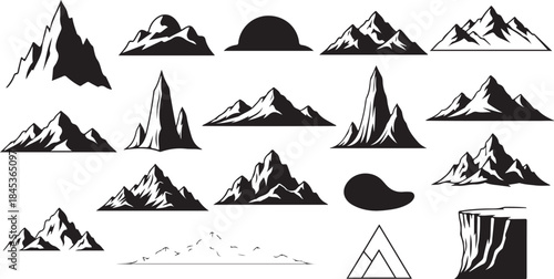 Collection of black and white mountain icons