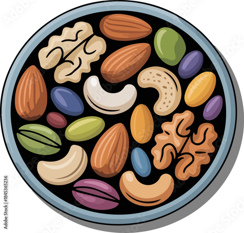 Top view dry fruits and nuts mix bowl cartoon vector illustration