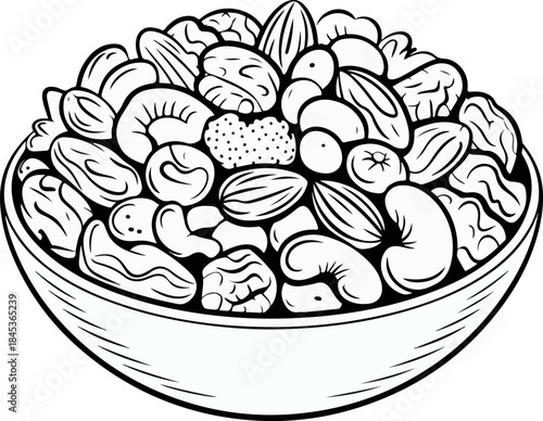Dry fruits nuts mix bowl sketch vector outline line art drawing