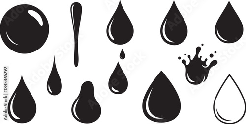 Black liquid drops and splash icons set