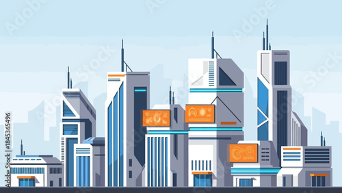 Futuristic cityscape with modern skyscrapers and advanced technology integrated into urban design
