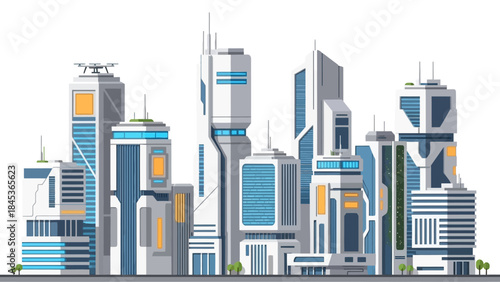 futuristic cityscape illustration with tall buildings in a modern urban environment
