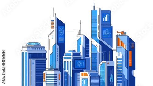 Modern Cityscape Featuring Futuristic Skyscrapers with Digital Displays and a Helipad, Representing Urban Development and Technological Advancement