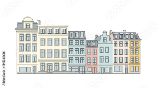 Row of colorful, charming European-style buildings with distinct architectural features and window details