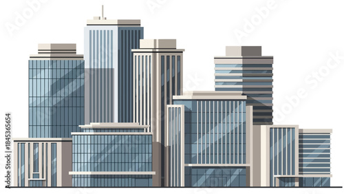 Modern city skyline with diverse office buildings and skyscrapers, representing urban development and corporate architecture