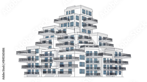 Modern pyramid-shaped apartment building with balconies and clean lines, architectural illustration