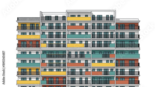 Modern Apartment Building with Colorful Balconies and Windows, Architectural Facade Design