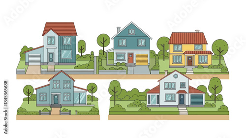 Collection of Diverse House Illustrations Showcasing Various Architectural Styles and Suburban Charm