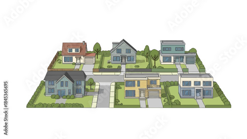 Illustrative cartoon of a suburban neighborhood with diverse houses and green lawns, showcasing residential architecture and community living in a charming, stylized design