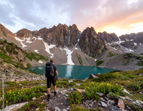 Traveler with backpack overlooking mountain valley at sunrise, adventure and freedom