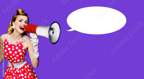 Ad image - happy pin up cute woman shout mega phone megaphone advertisement. Pinup girl advertise use loudspeaker bullhorn. Isolated vivid purple background with mockup empty speech bubble