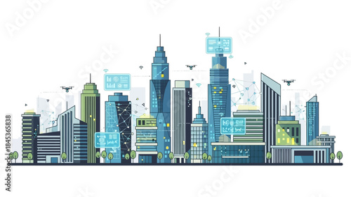 Futuristic smart city skyline with advanced technology and interconnected buildings illustration