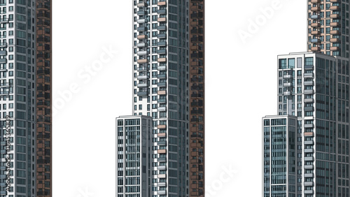 Modern architectural high-rise buildings with multiple floors and windows, showcasing urban development and contemporary design elements against a white background