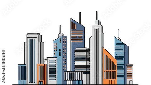 A modern city skyline with contemporary skyscrapers featuring glass facades and varied architectural designs under a clear sky