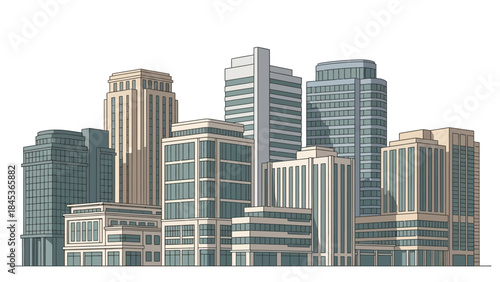 Collection of modern commercial buildings and skyscrapers in a city skyline representing urban development and architecture