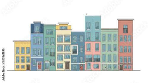 Colorful row of modern townhouses with balconies and multiple windows
