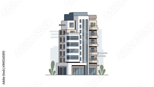 Modern Apartment Building Facade with Balconies and Large Windows