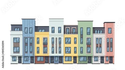 Colorful Row of Townhouses with Modern Architecture and Diverse Window Designs