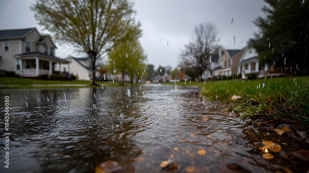 Obraz premium Street level view of a suburban neighborhood during a rain shower, ripples in a puddle in foreground, green grass and houses in the background.