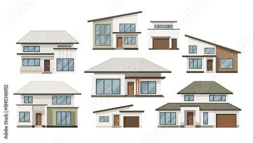 A diverse collection of modern residential house designs featuring contemporary architecture, sleek lines, and various styles perfect for family homes and innovative living spaces