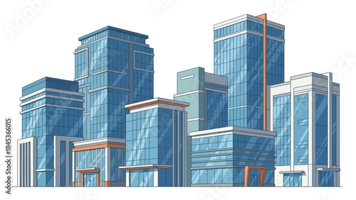 Modern city architecture vector illustration featuring a diverse collection of towering skyscrapers and office buildings, depicting a vibrant urban landscape and bustling business district