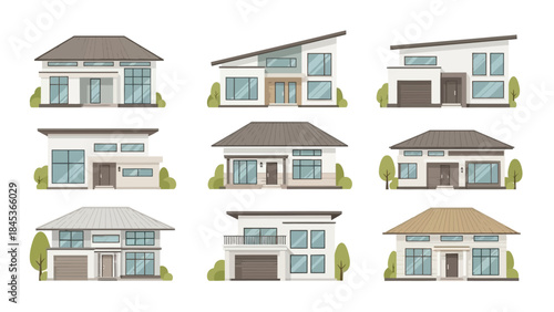 Collection of contemporary residential houses showcasing diverse architectural styles and modern design elements for suburban living, representing various home concepts and real estate developments