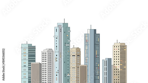 Stylized Vector Illustration of a Modern City Skyline Featuring Diverse High-Rise Buildings and Contemporary Architecture, Representing Urban Development and Metropolitan Life