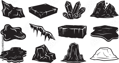 Collection of black ice and mineral shapes