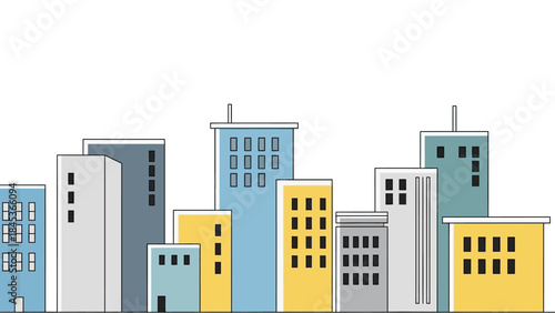 Vibrant city skyline illustration depicting a diverse array of modern buildings and urban structures, perfect for showcasing development and contemporary design projects