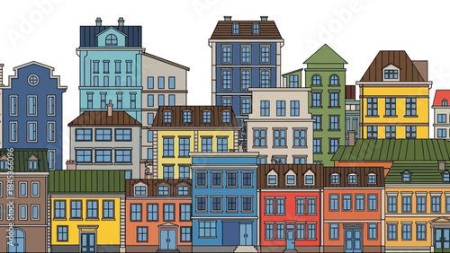 Charming urban cityscape seamless pattern representing community vibrancy with a delightful array of colorful buildings, ideal for architectural design and city-themed graphics