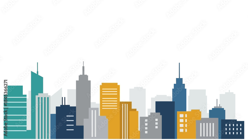 Obraz premium A colorful and modern cityscape illustration featuring various skyscrapers and buildings in shades of blue, yellow, and gray against a white background.