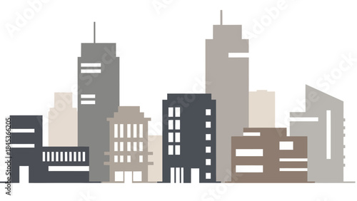A minimalist illustration of a city skyline featuring various modern buildings of different heights and architectural styles.
