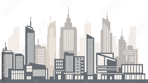A stylized, monochromatic illustration of a modern city skyline with various skyscrapers and buildings.