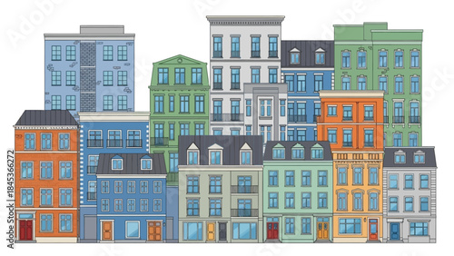 A diverse collection of colorful, multi-story buildings with various architectural styles and window designs, arranged in a dense urban streetscape.