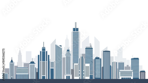 A panoramic view of a modern city skyline with numerous skyscrapers of varying heights and designs.
