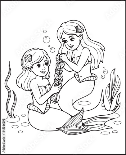 Cute mermaid sea princess in underwater scenery black vector line art illustration coloring page for kids 