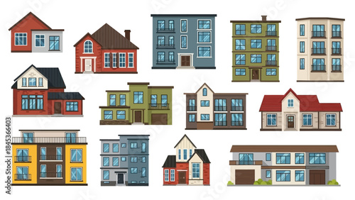 Collection of diverse residential buildings including houses, apartments, and modern homes on a white background, showcasing various architectural styles.