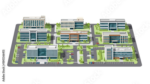 Modern corporate campus with multiple contemporary office buildings and green spaces in an isometric perspective, showcasing urban infrastructure and business development