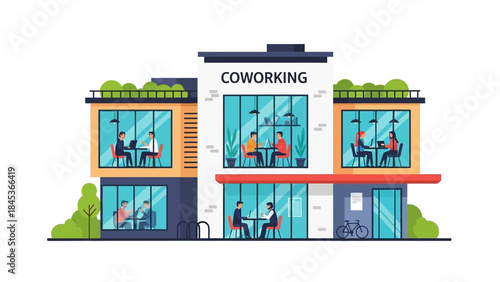 Vibrant modern coworking space illustration showcasing professionals collaborating in a dynamic shared office environment with green elements, fostering productivity and innovation