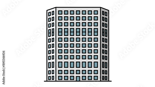 Stylized graphic of a multi-story commercial building, depicting modern urban architecture and a professional business environment with numerous window panes