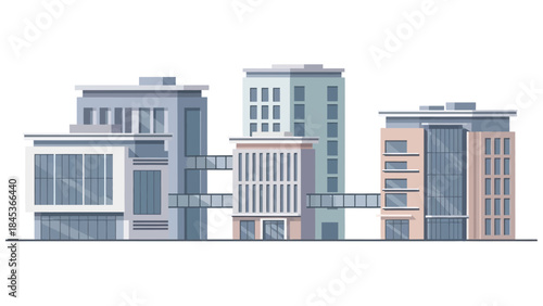Modern vector illustration of a contemporary business campus featuring sleek office buildings interconnected by skywalks, symbolizing urban development and corporate collaboration