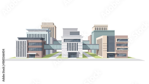 An architectural illustration depicting a modern business district, featuring contemporary office buildings and connecting structures within a vibrant urban development