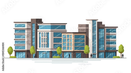 Modern office building complex in an urban environment with trees and people. Flat vector illustration of contemporary city architecture for business and corporate concepts