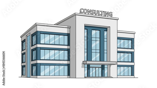 Modern consulting office building with large glass windows and a prominent sign.